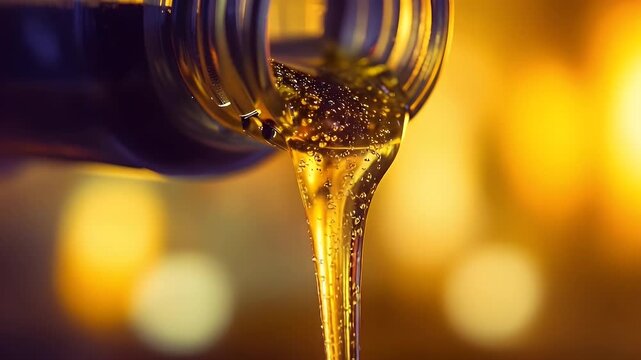 Golden fluid pouring smoothly creating a dynamic flow, sparkling and catching light beautifully in a mesmerizing stream