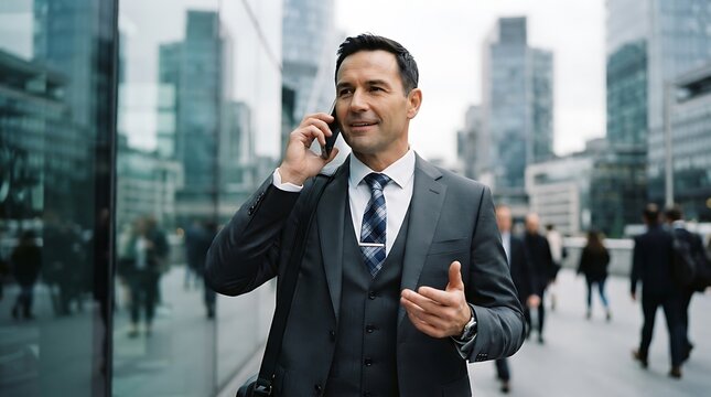 Confident businessman in a suit talking on his smartphone while walking on a busy city street with modern buildings in the background