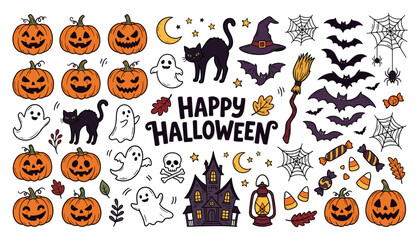 Fototapeta premium Happy Halloween spooky clipart collection with pumpkins, ghosts, black cats, bats, witches, spiderwebs, haunted castle and creepy seasonal elements