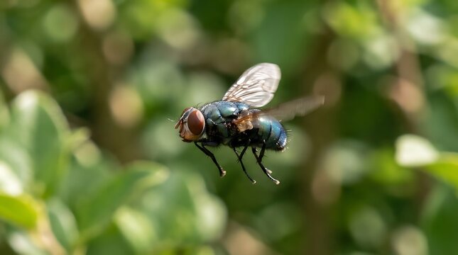 Macro shot of a bluebottle fly in flight against a natural green foliage background