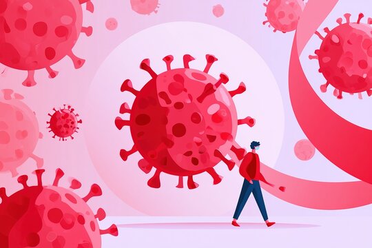 Abstract illustration of person wearing face mask walking through red virus pathogen cells epidemic health protection art.