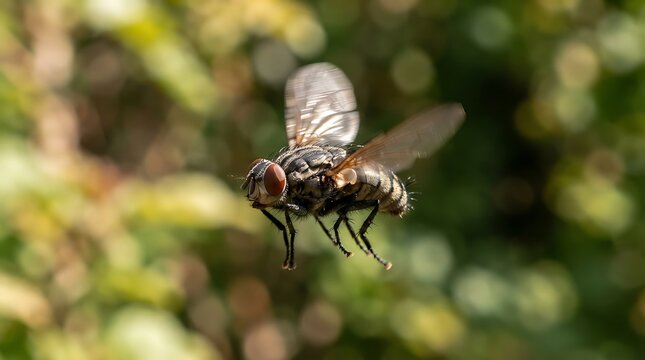 Detailed Macro Shot of a Common House Fly in Mid-Flight Against a Blurred Natural Green Foliage Background