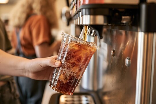 Hand pouring iced coffee into a clear plastic cup from an espresso machine.