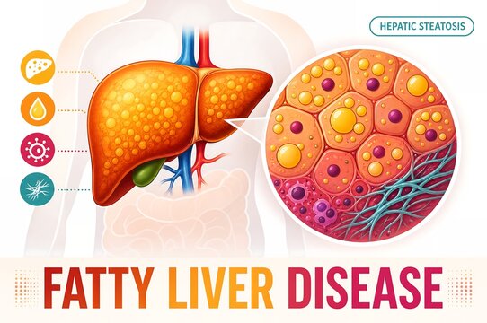 Fatty liver disease hepatic steatosis infographic vector illustration of human metabolic anatomy
