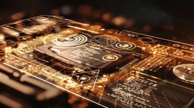 Futuristic transparent display showing complex data analysis and processing