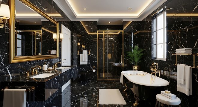 Luxury bathroom interior with black marble walls and elegant gold fixtures