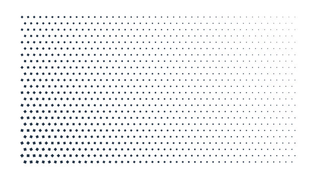 Rectangular grid of small blue square pixels arranged in horizontal rows on a black background, for digital data, and technology