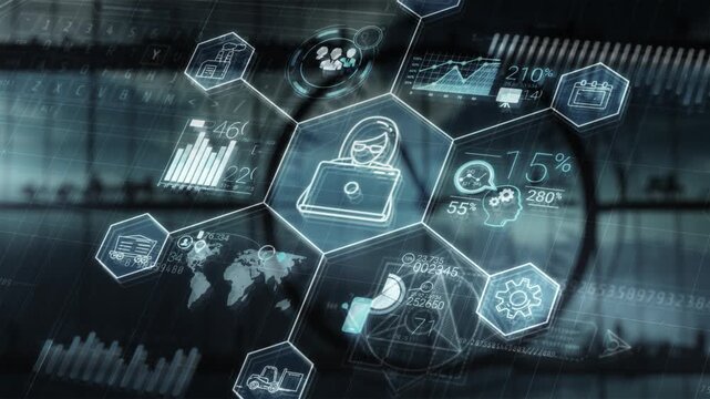 Digital businesswoman managing business data analytics network