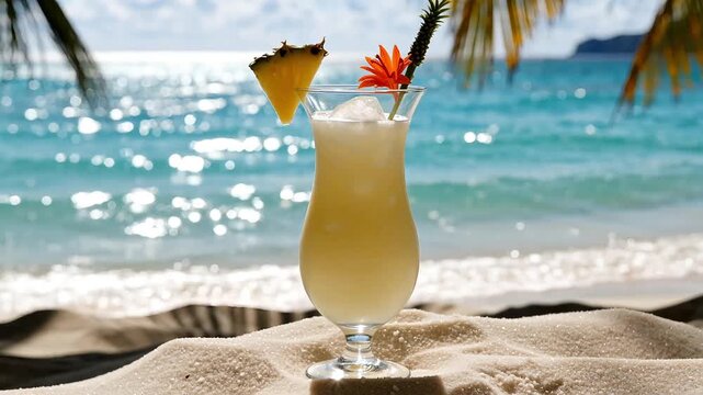 Refreshing tropical cocktail drink standing on sandy beach with sea waves background