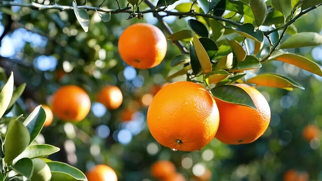 Bright orange fruits hanging on tree branches with green leaves in orchard