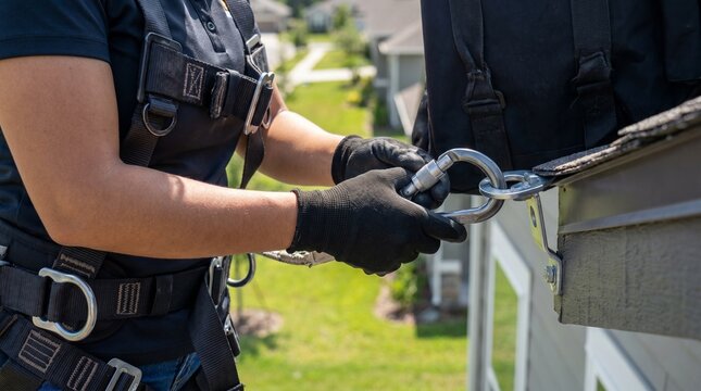 Close up of window cleaner clipping safety harness, Hand securing carabiner to roof anchor point, Residential fall protection equipment, Selective focus