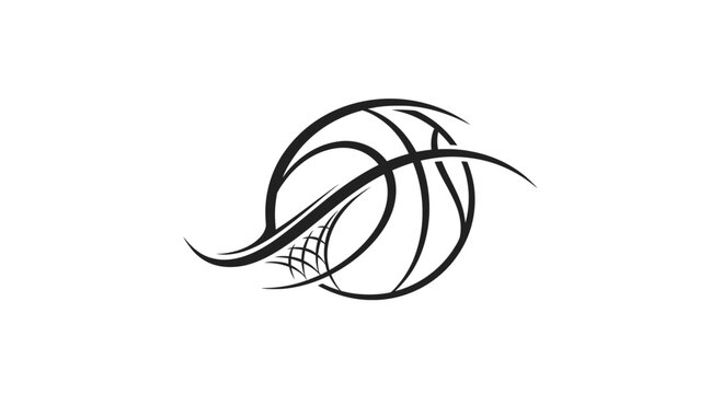 Stylized black basketball vector illustration with curved lines and net, perfect for sports team logos and graphic design concepts