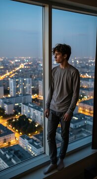Young adult on an apartment windowsill, city lights below, pensive mood