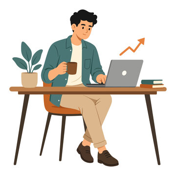 Man working on laptop with growth chart and coffee vector illustration