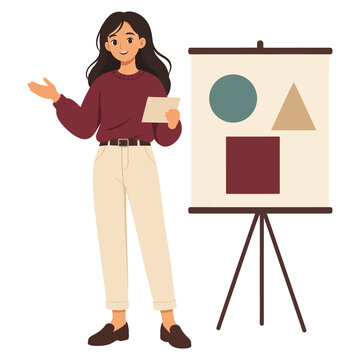 presenter pointing at geometric shapes presentation board vector illustration