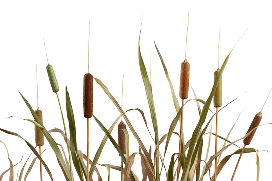 Dried brown cattails with pale grass leaves