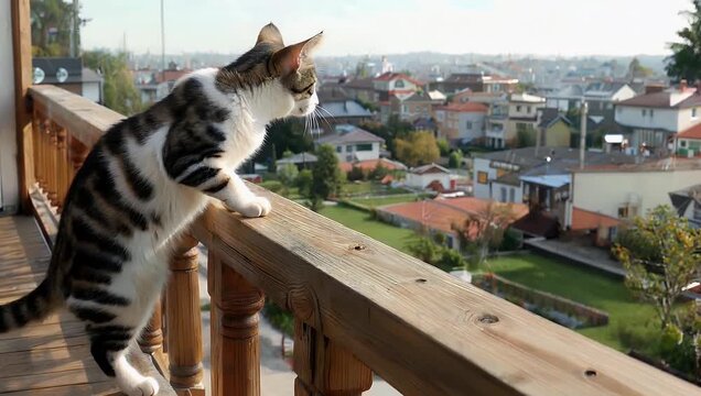 Cinematic 4K slow-motion portrait focusing closely on a beautiful spotted domestic cat resting on a high-rise balcony as it gazes contemplatively toward the distant city skyline while a lush garden