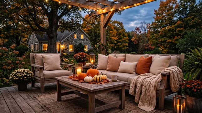 Outdoor patio lounge area decorated for autumn evening