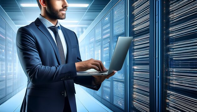 sys admin uses laptop in data center