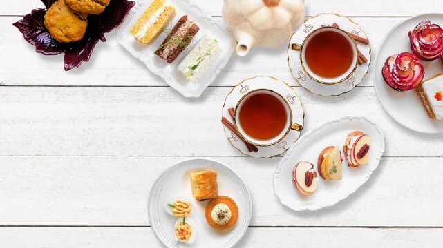 Autumn theme afternoon tea table stop motion animation placement on a white wood background. Pumpkin and apple theme savory finger foods, sandwiches, scones, and desserts. Top view.