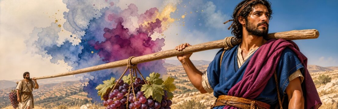 Biblical scouts carrying a large cluster of purple grapes on a wooden pole. Ancient Israelite men walking in landscape with watercolor paint splash effect. Promised Land valley, banner background