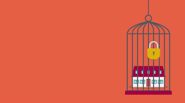 House Behind Bars with Padlock, Mortgage Debt and Home Financing Concept
