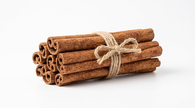 Bundle of cinnamon sticks tied with twine on white background