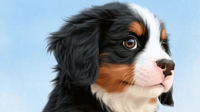 Bernese Mountain Dog looking outdoors against blue sky
