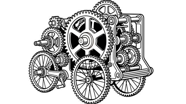 Steampunk gear machine base with multiple spoked wheels.