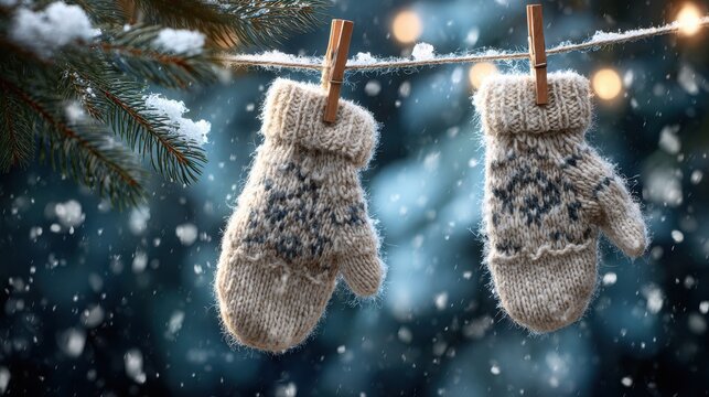Pair of knitted wool mittens hanging outdoors during a gentle winter snowfall at dusk