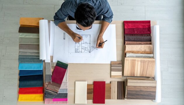 Top view of interior designer working on floor plans with fabric and material swatches, architectural planning, renovation project