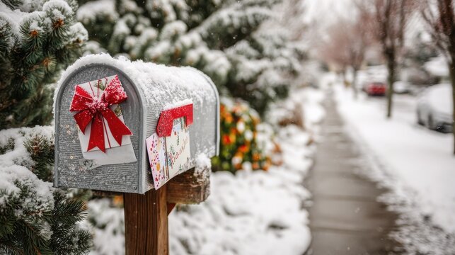 Snow covered rural mailbox decorated with a festive red ribbon during a winter season day