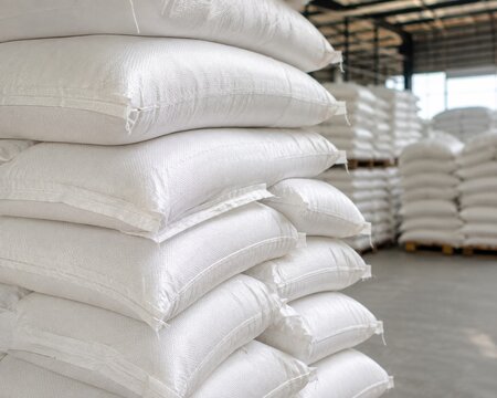 A tall stack of white fabric sacks filled with grain sits inside a spacious industrial warehouse.