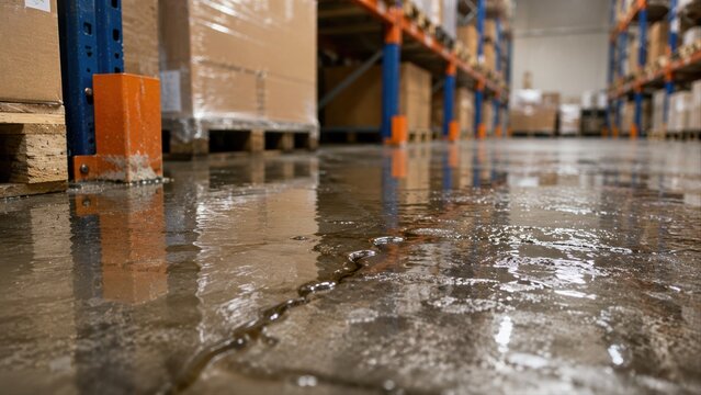 Piso alagado em armaz&eacute;m com caixas e mercadorias ap&oacute;s vazamento de &aacute;gua, danos no estoque, inunda&ccedil;&atilde;o e preju&iacute;zo em dep&oacute;sito log&iacute;stico