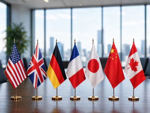 A row of seven small national flags arranged on a polished conference table before a city skyline.
