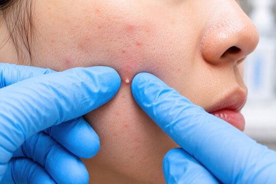 A close-up view of gloved hands pressing on a person's cheek to extract a whitehead pimple.