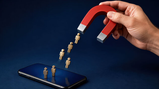Customer Attraction Concept with Magnet Pulling People from Smartphone
