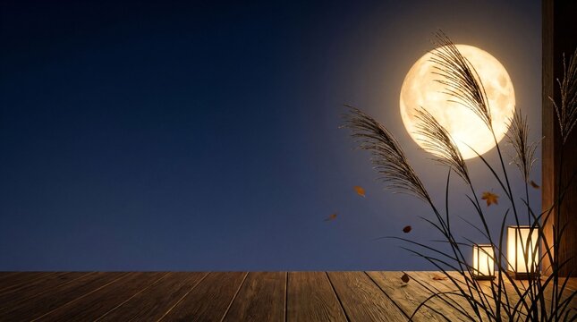 Horizontal view of glowing harvest full moon rising over wooden deck with pampas grass and garden lantern