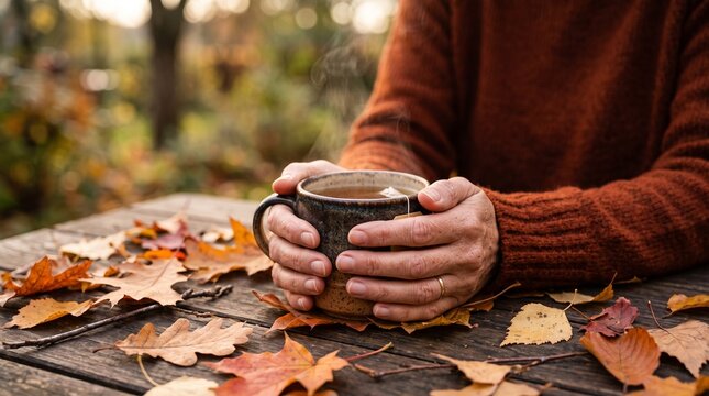 Person holding mug with warm drink on outdoor rustic table covered in fall leaves.