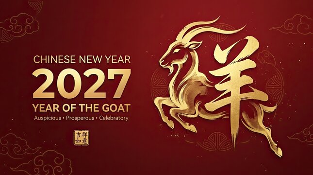 Golden goat illustration celebrating chinese new year 2027 with calligraphy with embellishment celebration traditional fashionable background decoration horoscopes cultural abstract symbolic with font