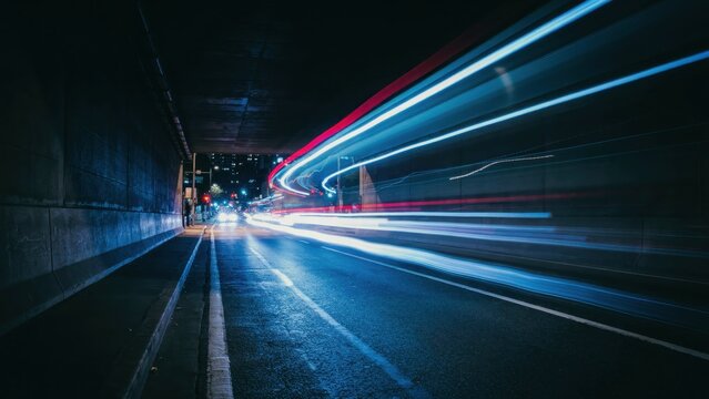 Abstract motion blur light trails through dark city tunnel creating high speed futuristic transportation visual effect.