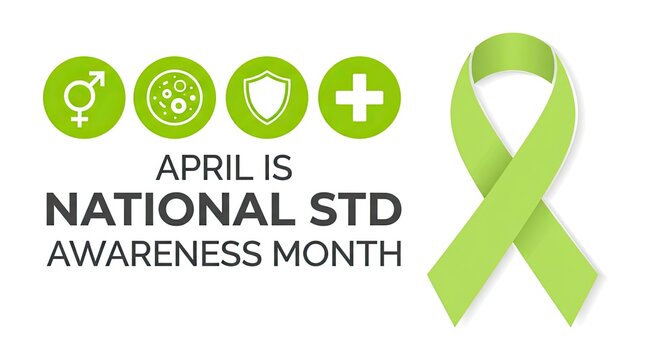 April is national std awareness month graphic with icons for gender disease protection and health plus a lime green awareness ribbon with health alongside text representing gender communication sex