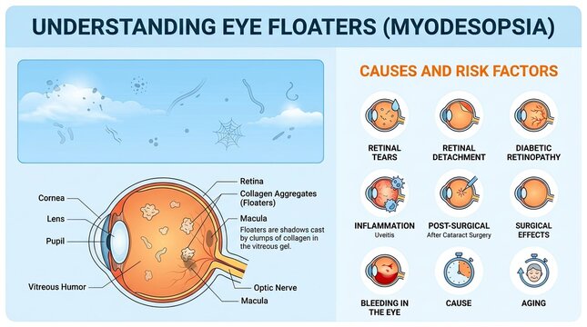 Understanding eye floaters and myodesopsia causes risk factors and anatomy of the human eye infographic with infographic visually explains anatomy listing various factors retinal tears optic nerve