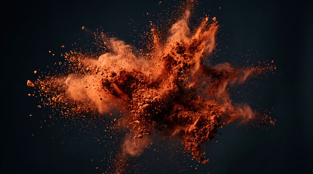 Red powder explosion and dust burst isolated on dark black background