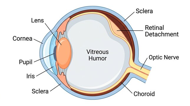 Detailed cross section diagram of the human eye anatomy with labels for cornea iris lens vitreous humor retina with labeling various anatomical parts scientific illustration showing optic nerve