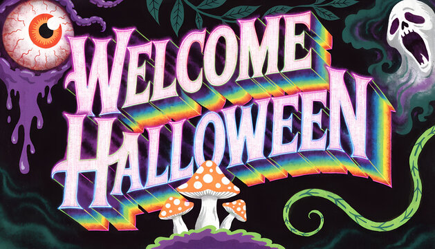 Welcome Halloween psychedelic text with colorful elements