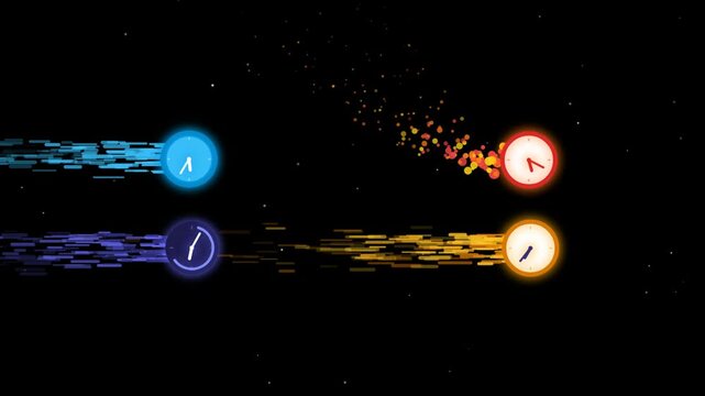 Abstract clocks with motion blur and colorful light trails on a dark black background representing the concept of time passing fast and speed in a modern digital graphic style