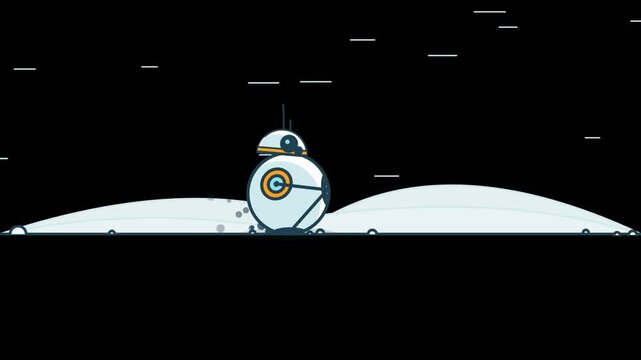 Cute small round robot standing on a snowy hill at night under the stars
