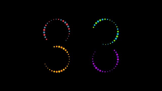 Colorful dotted loading circles icons set arranged in a pattern on a black background