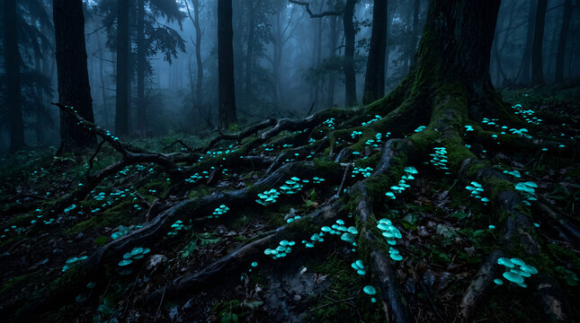glowing bioluminescent mushrooms on mossy tree roots in a dark misty forest at night